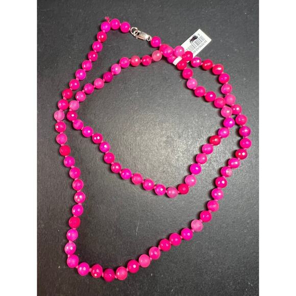 alumausa Jewelry - NEW fuchsia pink agate 36 inch knotted bead necklace with sterling silver clasp